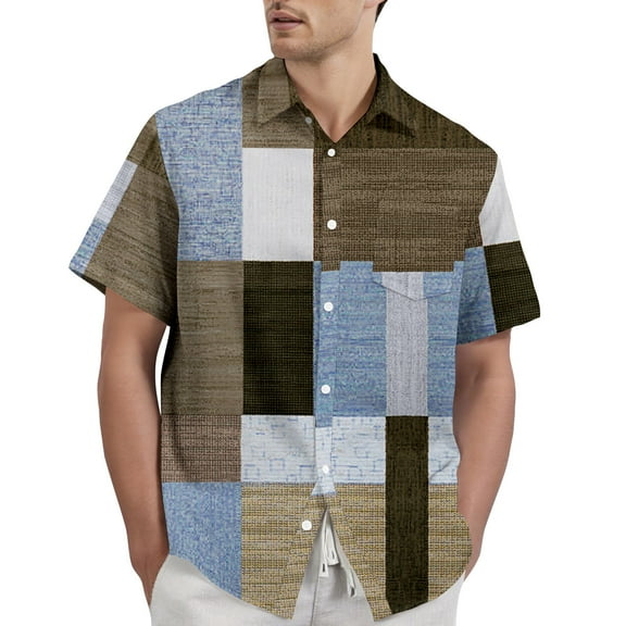 Yiaimeir Men's Casual Patchwork Short Sleeve Button-Down Shirt, Lightweight Breathable Summer Top, Green/Blue/White ，Size S-2XL