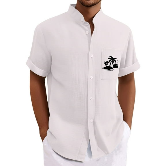 Yiaimeir Men's Casual Short Sleeve Button-Down Shirt Breathable Cotton Fabric Stylish Palm Tree Print，Size M-3XL