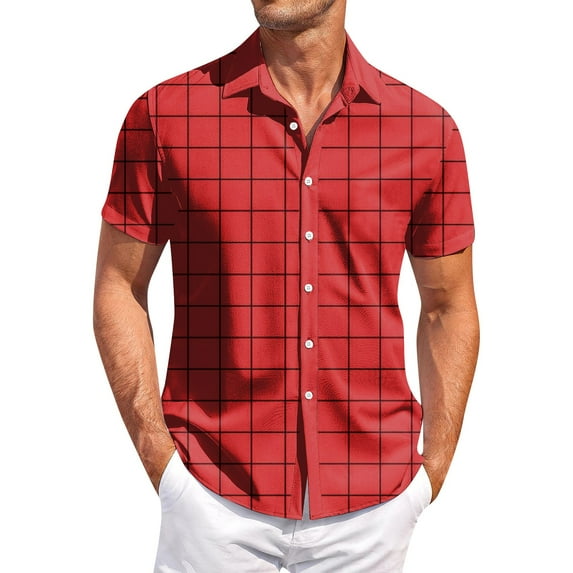 Yiaimeir Men's Casual Short-sleeved Shirt Slim Fashion Men's Plaid Print,Size M-3XL
