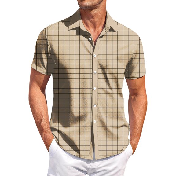 Yiaimeir Men's Casual Short-sleeved Shirt Slim Fashion Men's Plaid Print,Size M-3XL