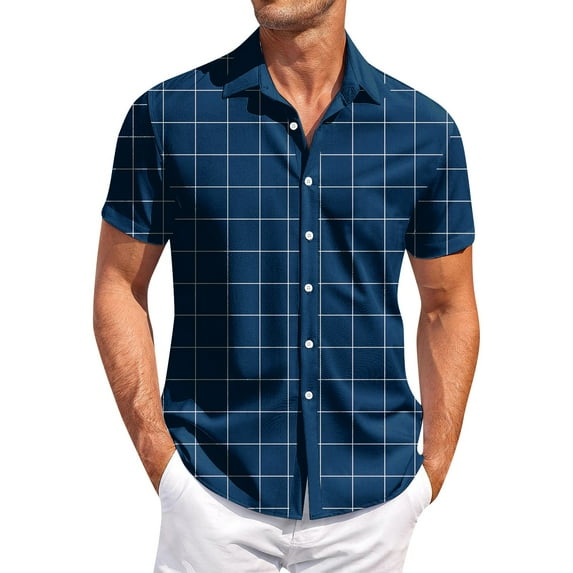 Yiaimeir Men's Casual Short-sleeved Shirt Slim Fashion Men's Plaid Print,Size M-3XL