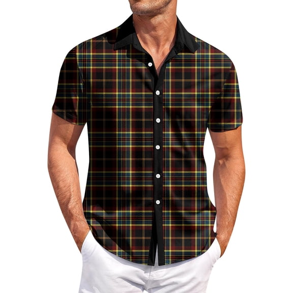 Yiaimeir Men's Casual Short-sleeved Shirt Slim Fashion Men's Plaid Print，Size M-3XL