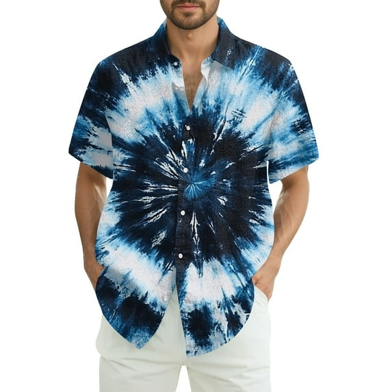 Yiaimeir Men's Fashion Loose Tie-Dye Printed Short Sleeve Beach Shirt,Size S-2XL