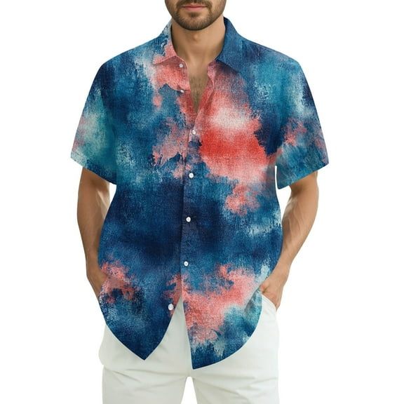 Yiaimeir Men's Fashion Loose Tie-Dye Printed Short Sleeve Beach Shirt，Size S-2XL