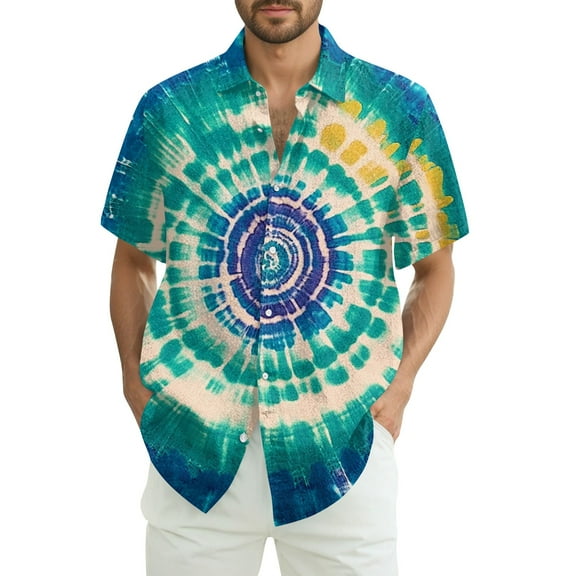 Yiaimeir Men's Fashion Loose Tie-Dye Printed Short Sleeve Beach Shirt，Size S-2XL