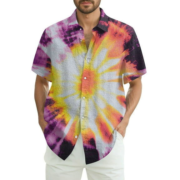 Yiaimeir Men's Fashion Loose Tie-Dye Printed Short Sleeve Beach Shirt，Size S-2XL