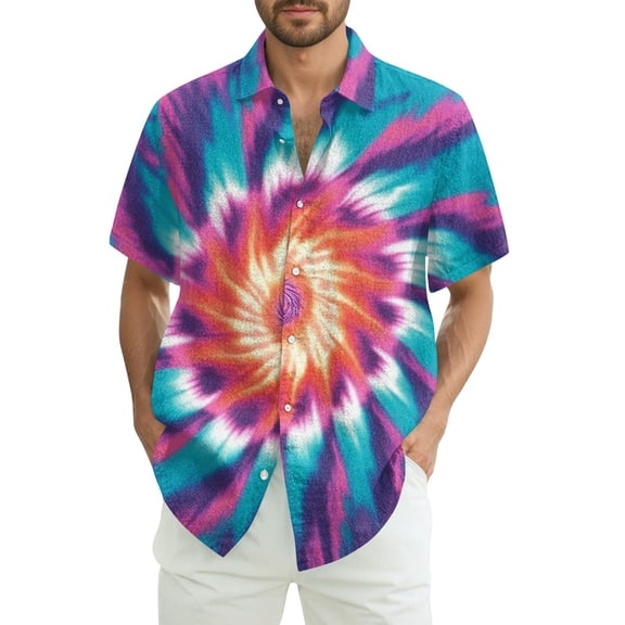 Yiaimeir Men's Fashion Loose Tie-Dye Printed Short Sleeve Beach Shirt，Size S-2XL
