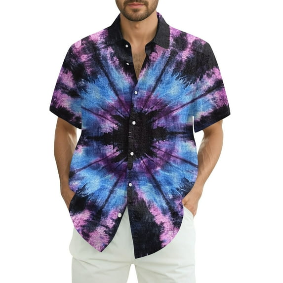 Yiaimeir Men's Fashion Loose Tie-Dye Printed Short Sleeve Beach Shirt,Size S-2XL