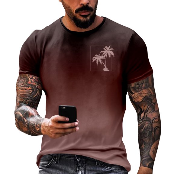 Yiaimeir Men's Gradient Short Sleeve T-Shirt With Palm Tree Print Casual Summer Beachwear Breathable and Stylish Streetwear,Size S-2XL