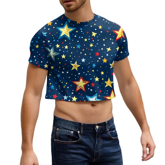 Yiaimeir Men's Half Cut Casual Beach Round Neck Short Sleeved Top Streetwear,Size S-2XL