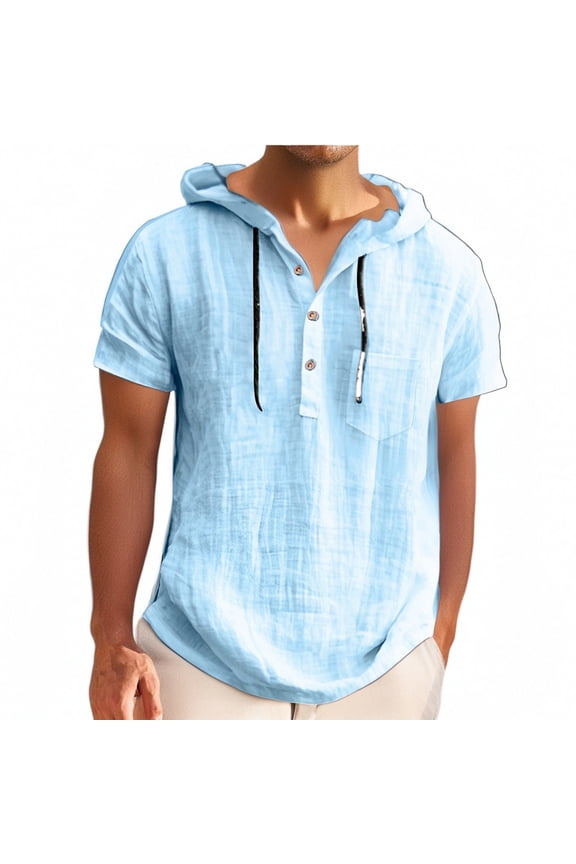 Men's Hooded Hemp T-shirt Thin Loose Fit Summer Casual Short Sleeve