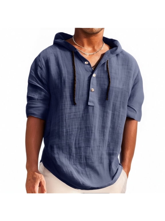 Men's Hooded Hemp T-shirt Thin Loose Fit Summer Casual Short Sleeve