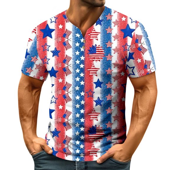 Yiaimeir Men's Independent Day Print Short Sleeved T-Shirt V-neck Buttons