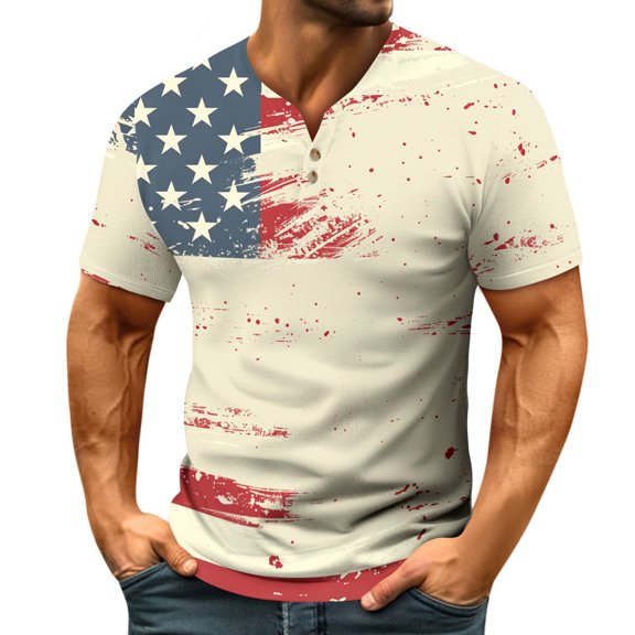 Yiaimeir Men's Independent Day Print Short Sleeved T-Shirt V-neck Buttons