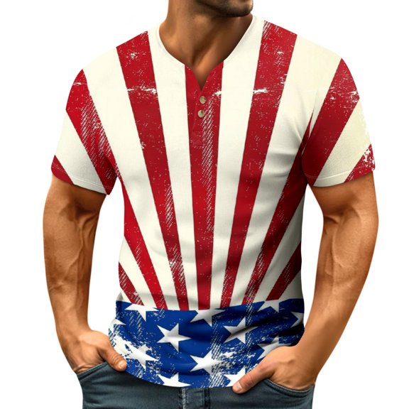 Yiaimeir Men's Independent Day Print Short Sleeved T-Shirt V-neck Buttons