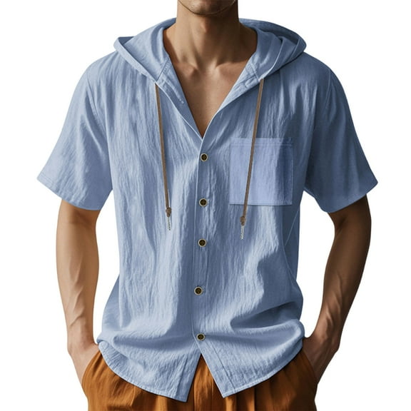 Yiaimeir Men's Linen Quick-Dry Hoodie Shirts Summer Casual Loose Breathable Button-Down Short Sleeve Hoodies，Size M-3XL