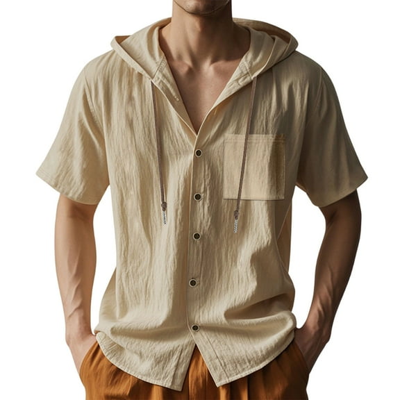 Yiaimeir Men's Linen Quick-Dry Hoodie Shirts Summer Casual Loose Breathable Button-Down Short Sleeve Hoodies，Size M-3XL