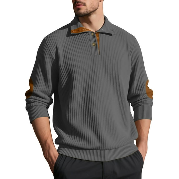 Yiaimeir Men's Long Sleeve Ribbed Knit Pullover Sweater with Quarter Zip Collar and Elbow Patch Casual Classic Design