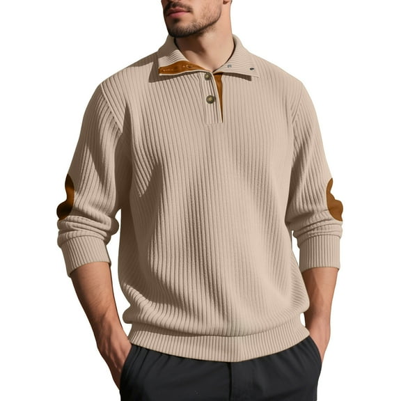 Yiaimeir Men's Long Sleeve Ribbed Knit Pullover Sweater with Quarter Zip Collar and Elbow Patch Casual Classic Design