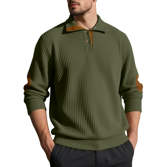 Yiaimeir Men's Long Sleeve Ribbed Knit Pullover Sweater with Quarter Zip Collar and Elbow Patch Casual Classic Design