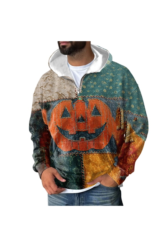 Men's Patchwork Pullover Hoodie Casual Long Sleeve Sweatshirt Comfortable Zip Up Hooded Top for Everyday Wear