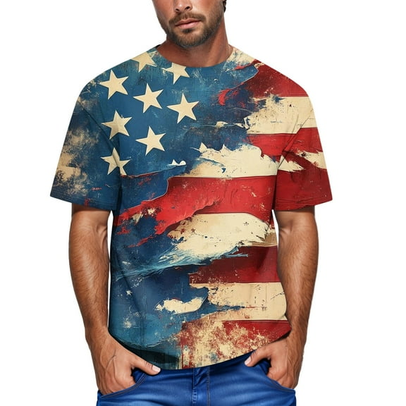 Yiaimeir Men's Patriotic American Flag Graphic T-Shirt Casual Short Sleeve Crew Neck Tee Independence Day USA T-Shirt Streetwear,Size M-3XL