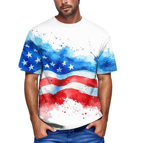 Yiaimeir Men's Patriotic Drip T-Shirt Short Sleeve Casual Graphic Tee With Red Whiteand Blue Design Streetwear,Size M-3XL