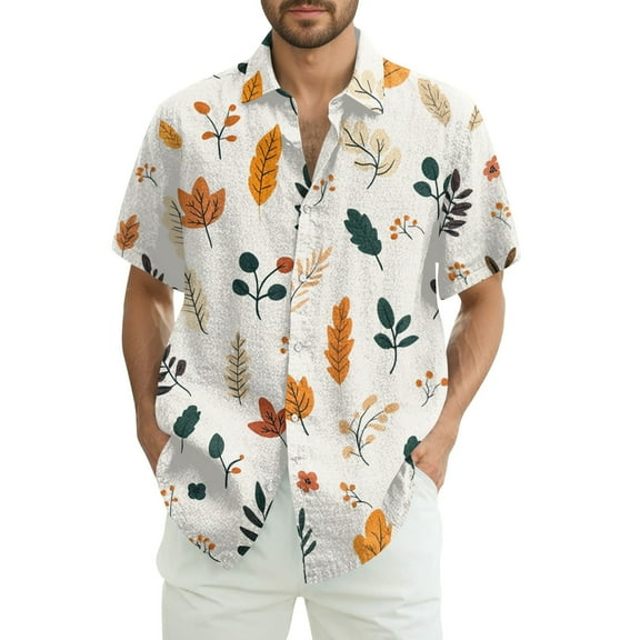 Yiaimeir Men's Short Sleeve Tropical Leaf Print Button-Down Shirt Casual Hawaiian Beachwear for Summer Parties，Size M-3XL