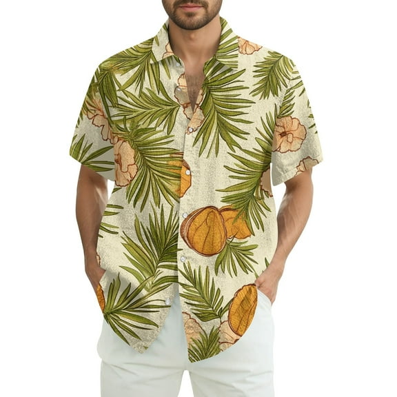 Yiaimeir Men's Short Sleeve Tropical Leaf Print Button-Down Shirt Casual Hawaiian Beachwear for Summer Parties,Size M-3XL