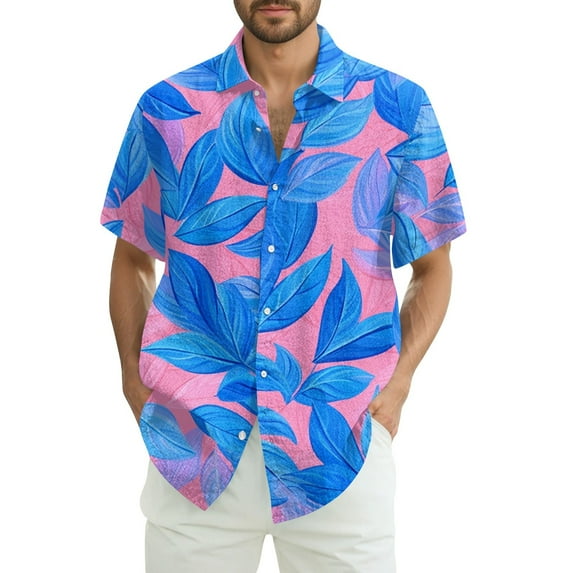 Yiaimeir Men's Short Sleeve Tropical Leaf Print Button-Down Shirt Casual Hawaiian Beachwear for Summer Parties,Size M-3XL