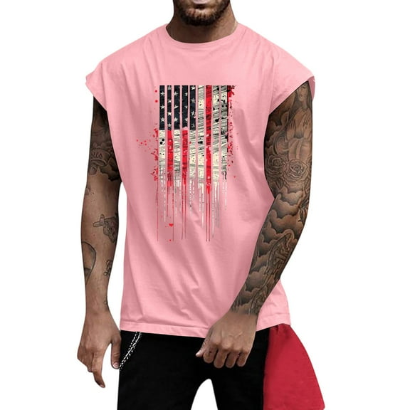 Yiaimeir Men's Sleeveless American Flag Graphic Tank Tops Patriotic Casual Summer Top Soft Cotton Blend Pink,Size S-3XL
