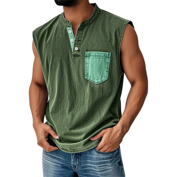 Yiaimeir Men's Sleeveless Denim Henley Tank Tops Casual Vintage Style With Pocket Comfortable Summer Tank Top,Size S-3XL