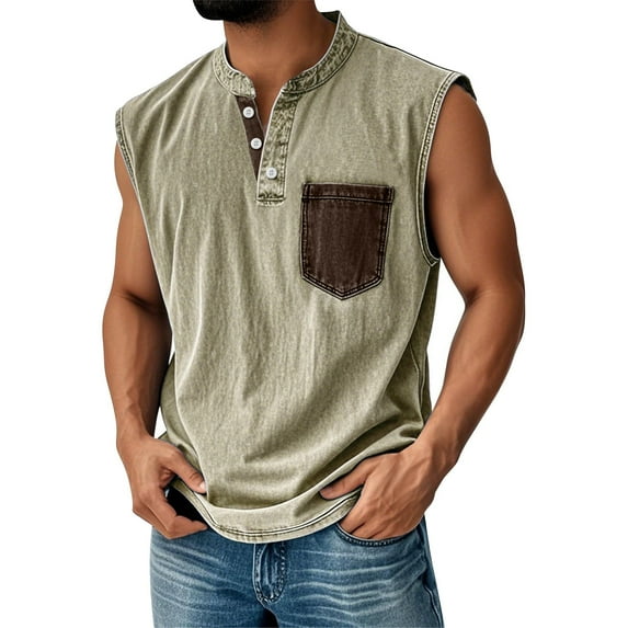 Yiaimeir Men's Sleeveless Denim Henley Tank Tops Casual Vintage Style With Pocket Comfortable Summer Tank Top,Size S-3XL