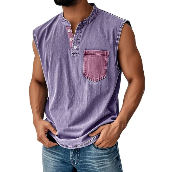 Yiaimeir Men's Sleeveless Denim Henley Tank Tops Casual Vintage Style With Pocket Comfortable Summer Tank Top,Size S-3XL