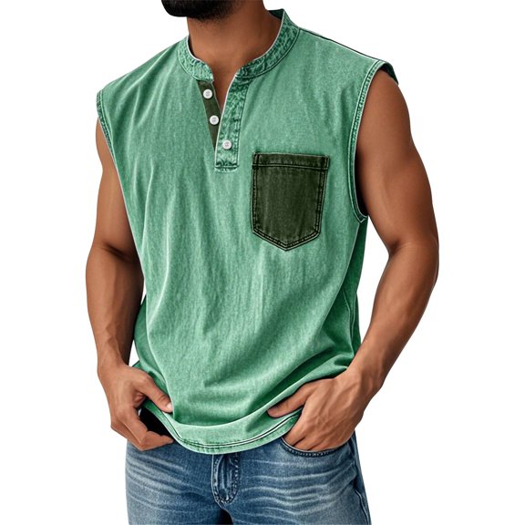 Yiaimeir Men's Sleeveless Denim Henley Tank Tops Casual Vintage Style With Pocket Comfortable Summer Tank Top,Size S-3XL