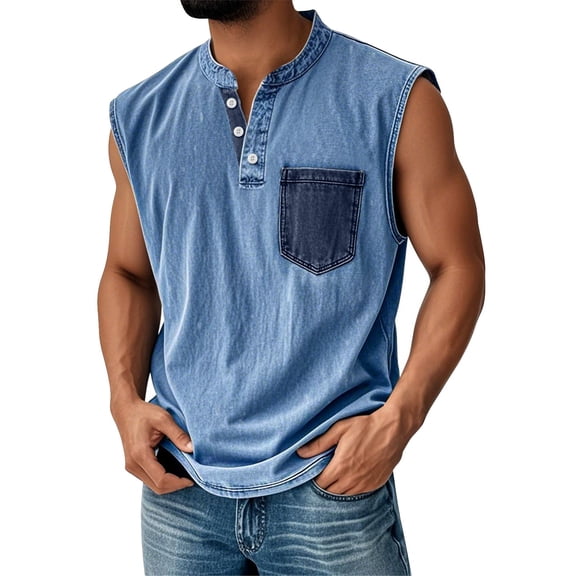Yiaimeir Men's Sleeveless Denim Henley Tank Tops Casual Vintage Style With Pocket Comfortable Summer Tank Top,Size S-3XL