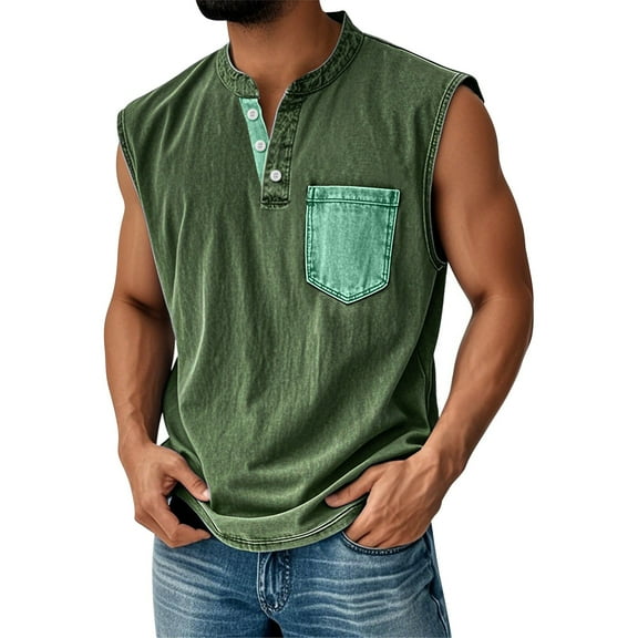Yiaimeir Men's Sleeveless Denim Henley Tank Tops Casual Vintage Style With Pocket Comfortable Summer Tank Top,Size S-3XL
