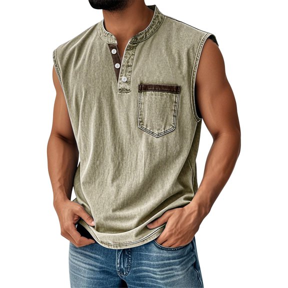 Yiaimeir Men's Sleeveless Henley Tank Tops Casual Summer Tank Top With Pocket Lightweight Cotton Blend For Daily Wear,Size S-3XL