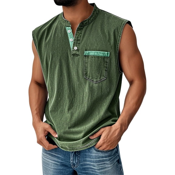 Yiaimeir Men's Sleeveless Henley Tank Tops Casual Summer Tank Top With Pocket Lightweight Cotton Blend For Daily Wear,Size S-3XL