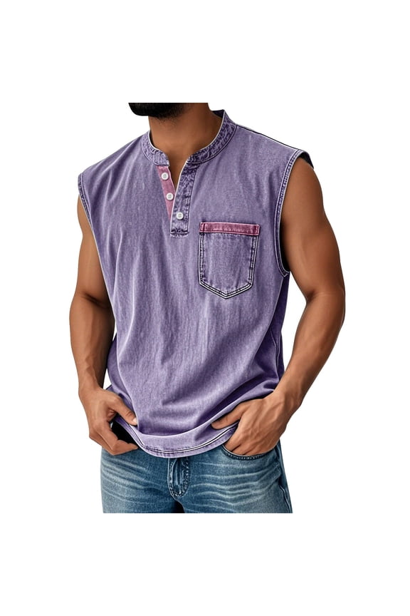 Men's Sleeveless Henley Tank Tops Casual Summer Tank Top With Pocket Lightweight Cotton Blend For Daily Wear,Size S-3XL