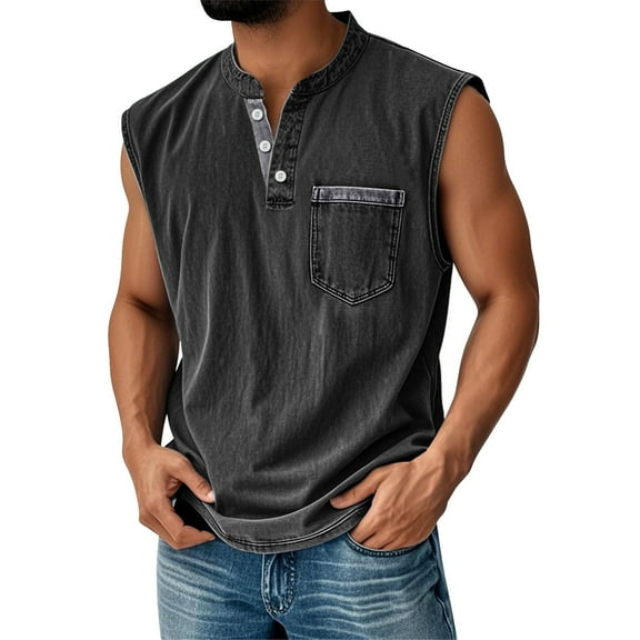Yiaimeir Men's Sleeveless Henley Tank Tops Casual Summer Tank Top With Pocket Lightweight Cotton Blend For Daily Wear,Size S-3XL