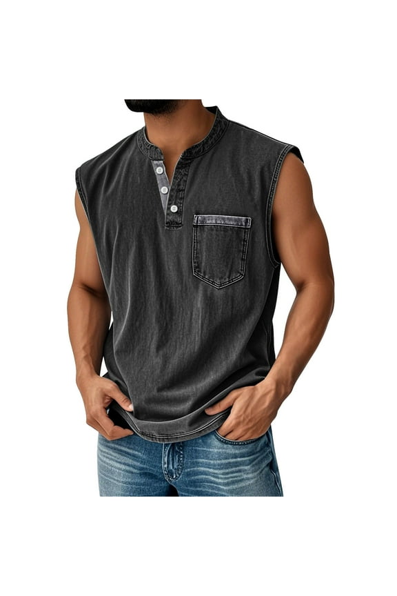 Men's Sleeveless Henley Tank Tops Casual Summer Tank Top With Pocket Lightweight Cotton Blend For Daily Wear,Size S-3XL
