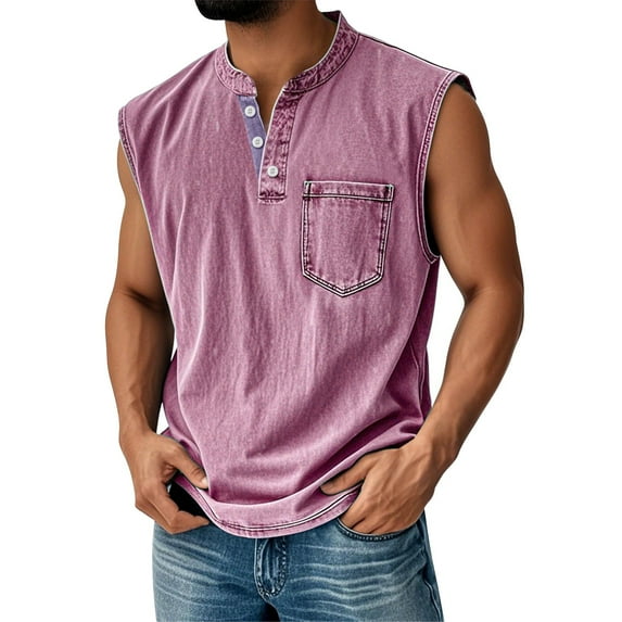 Yiaimeir Men's Sleeveless Henley Tank Tops Casual Vintage Washed Tank Top With Pocket Soft Cotton Blend For Summer Comfort,Size S-3XL
