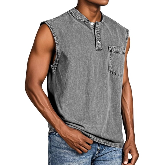 Yiaimeir Men's Sleeveless Henley Tank Tops Vintage Washed Cotton Tank Top With Pocket Casual Summer Muscle Tee,Size S-3XL