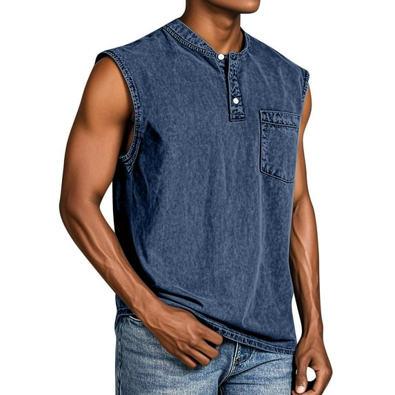 Yiaimeir Men's Sleeveless Henley Tank Tops Vintage Washed Cotton Tank Top With Pocket Casual Summer Muscle Tee,Size S-3XL