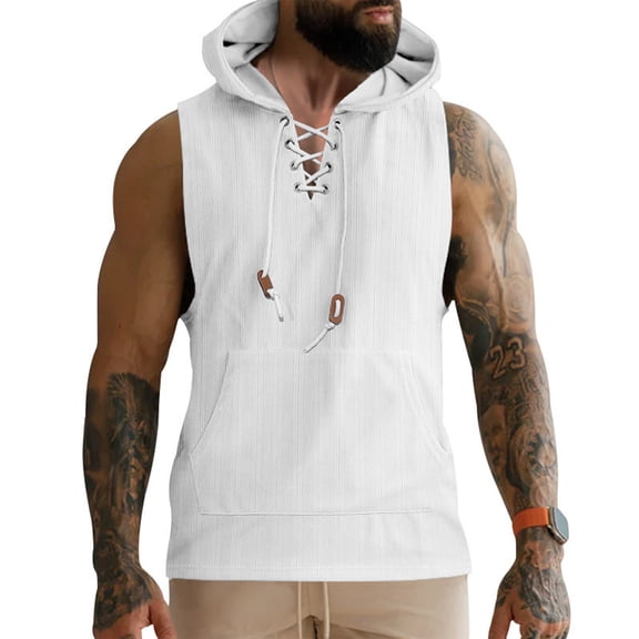 Yiaimeir Men's Sleeveless Hoodie With Lace-Up Design Lightweight Cotton Blend Casual Gym Workout Pullover For Summer Comfort,Size S-3XL