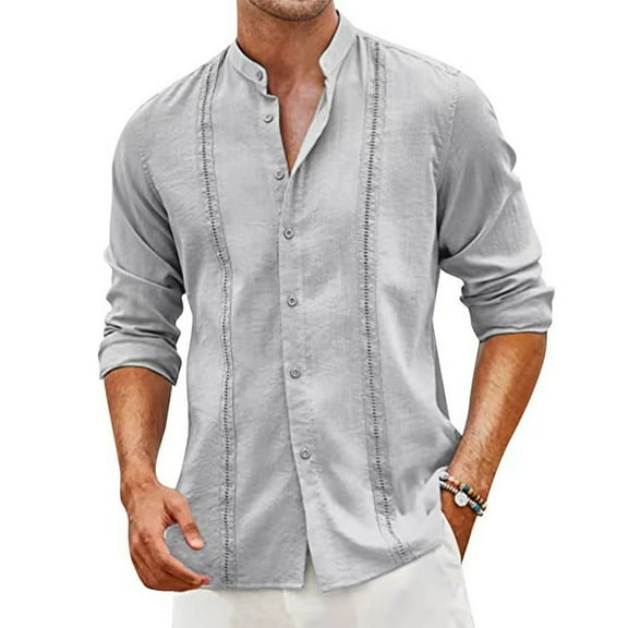 Yiaimeir Men's Solid Color Casual Cardigan Button-up Collar Long-sleeved Shirt，Size M-3XL