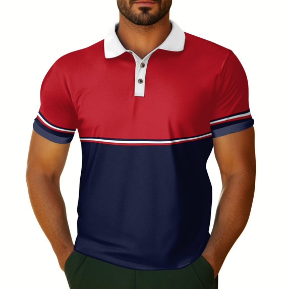 Yiaimeir Men's Stylish Color Block Polo T-Shirt Short Sleeve Casual Fashion Top With Button Closure Red and Navy Streetwear,Size S-2XL