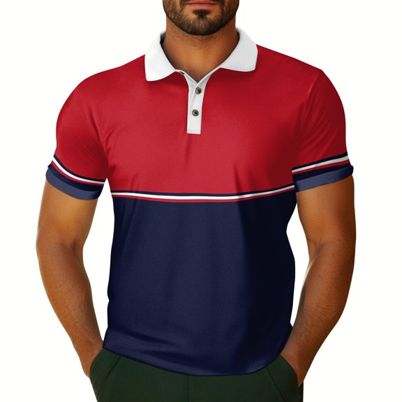 Yiaimeir Men's Stylish Color Block Polo T-Shirt Short Sleeve Casual Fashion Top With Button Closure Red and Navy Streetwear,Size S-2XL