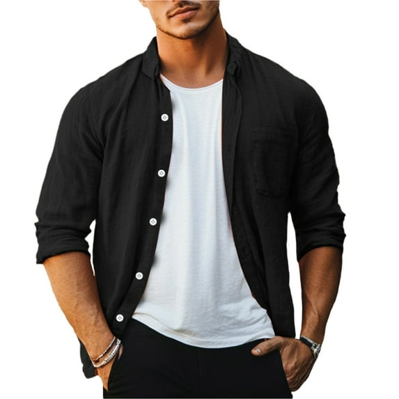 Yiaimeir Men's Summer Loose Print Long Sleeve Shirt Cardigan Solid Color Shirt,Size M-3XL